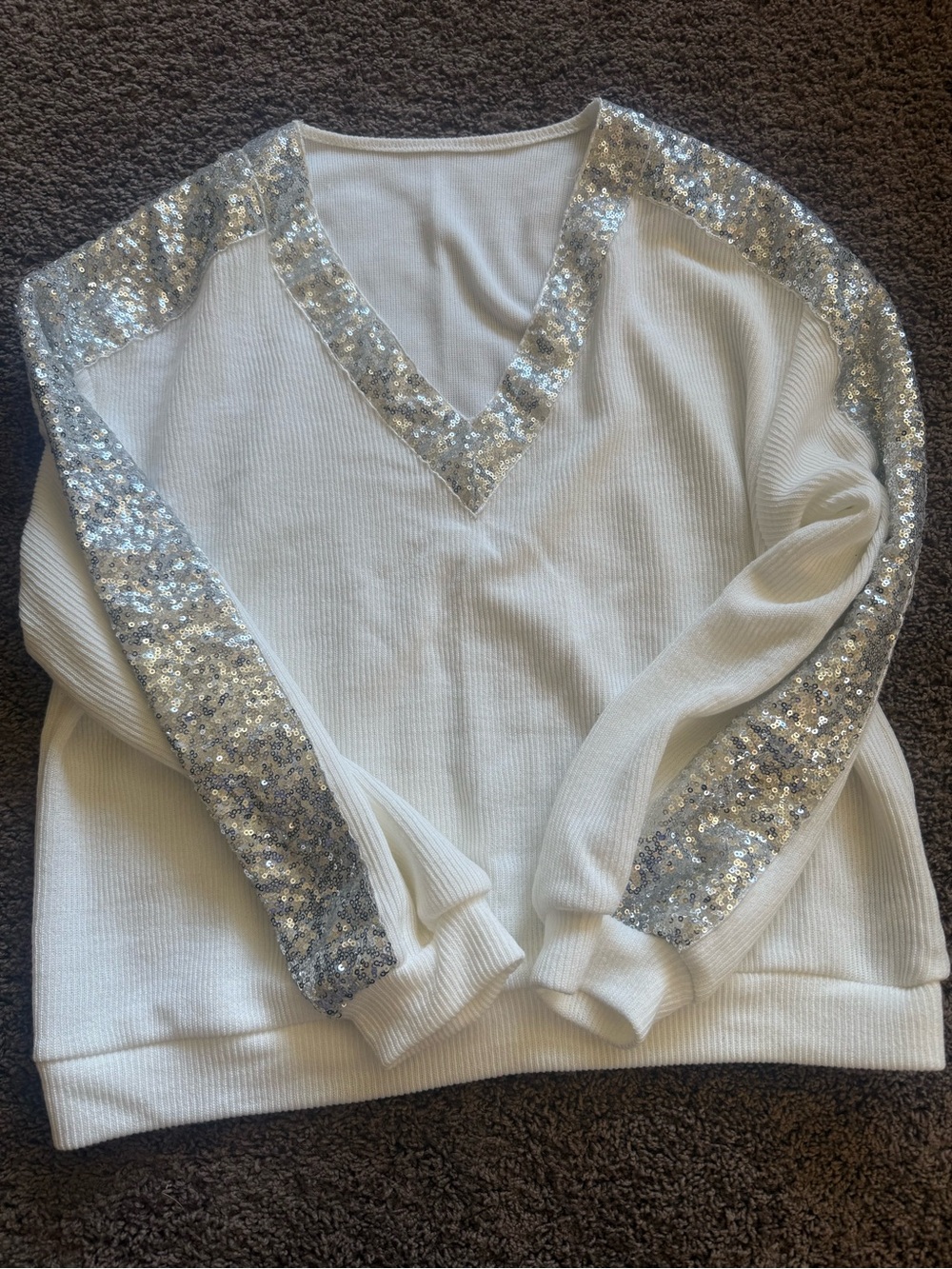 SHEIN White V-Neck Sweater with Silver Sequin Trim